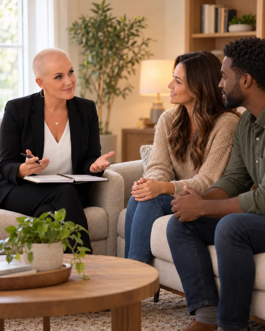 Amy Ramsey coaching a couple in their 30s in a welcoming office