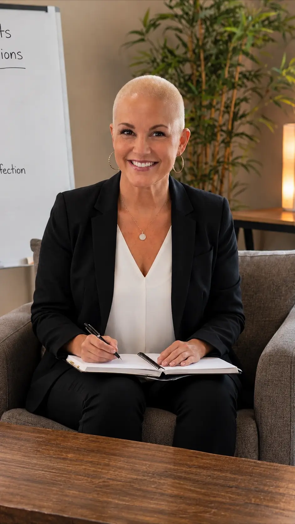 Amy Ramsey seated with her hands resting on an open notebook