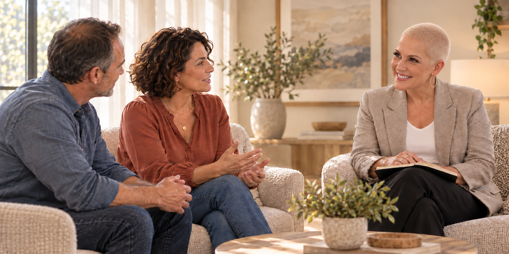 Amy Ramsey engaged in conversation with two adults.