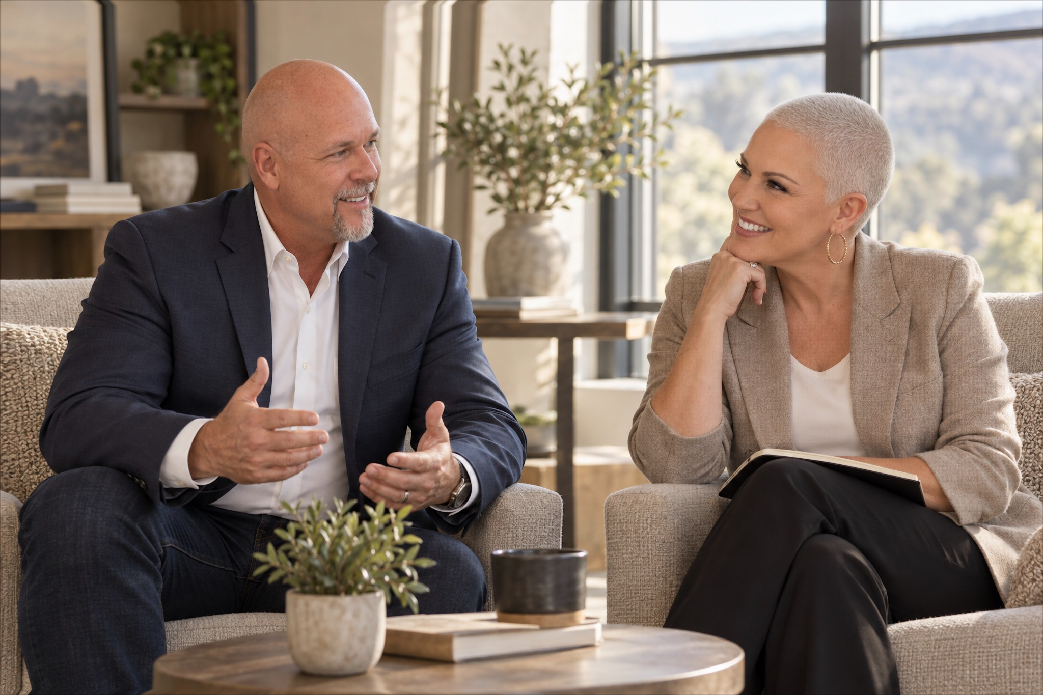 Trey and Amy Ramsey sharing a conversation in a light-filled lounge