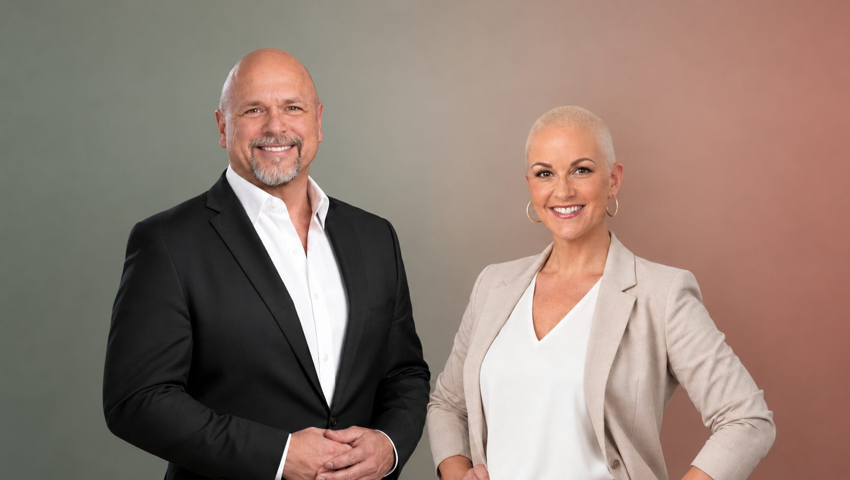 Trey and Amy Ramsey against a muted green and terracotta studio background